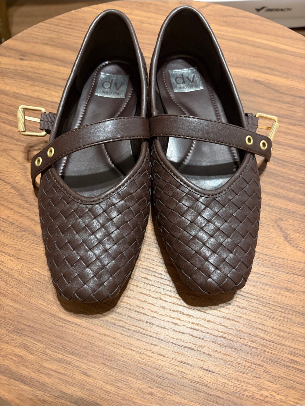 DV by Dolce Vita Dark Brown Woven Mary Jane Flats with Gold Buckles